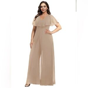 Women’s Plus Jumpsuit Romper Pants suit Tan Ruffle Flutter Overlay Sz 26W NWT